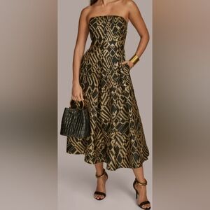 Donna Karan Black and Gold Strapless Fit and Flared Strapless Dress.